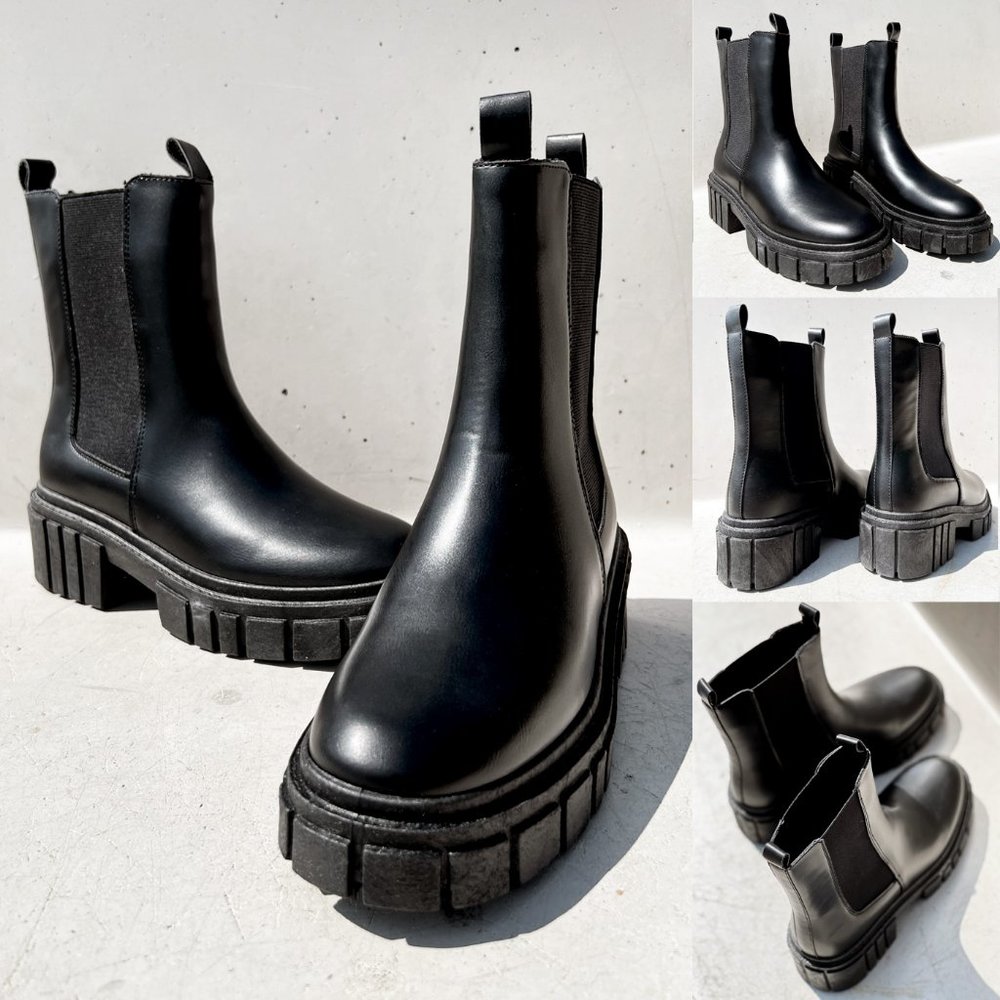 NEW Black Lug Sole Chunky Platform Elastic Ankle Block Heel Chelsea Boot Booties - Picture 8 of 12